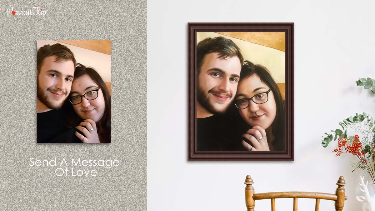 A oil portrait of a couple taking selfies hang on the wall created by PortraitFlip