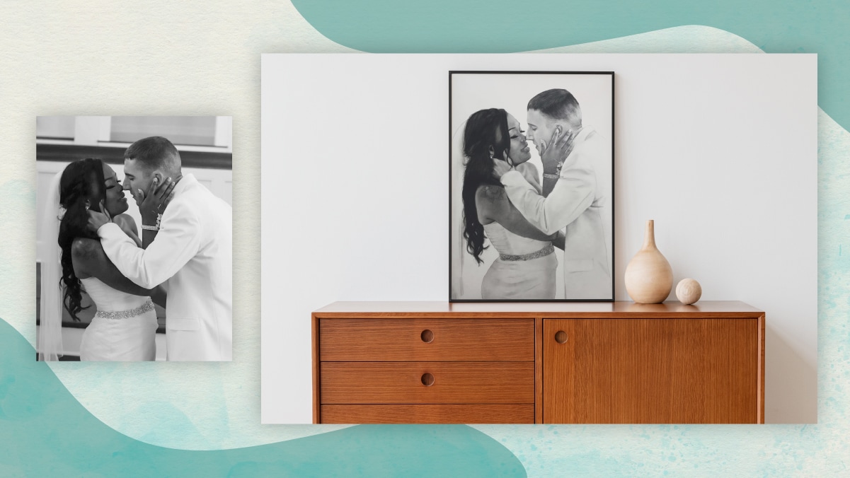 The original photo on the left and it's pencil sketch on the right in which the couple is kissing each other kept on a brown cabinet in white background. Pencil sketches by PortraitFlip are the best gifts for long distance relationships. 