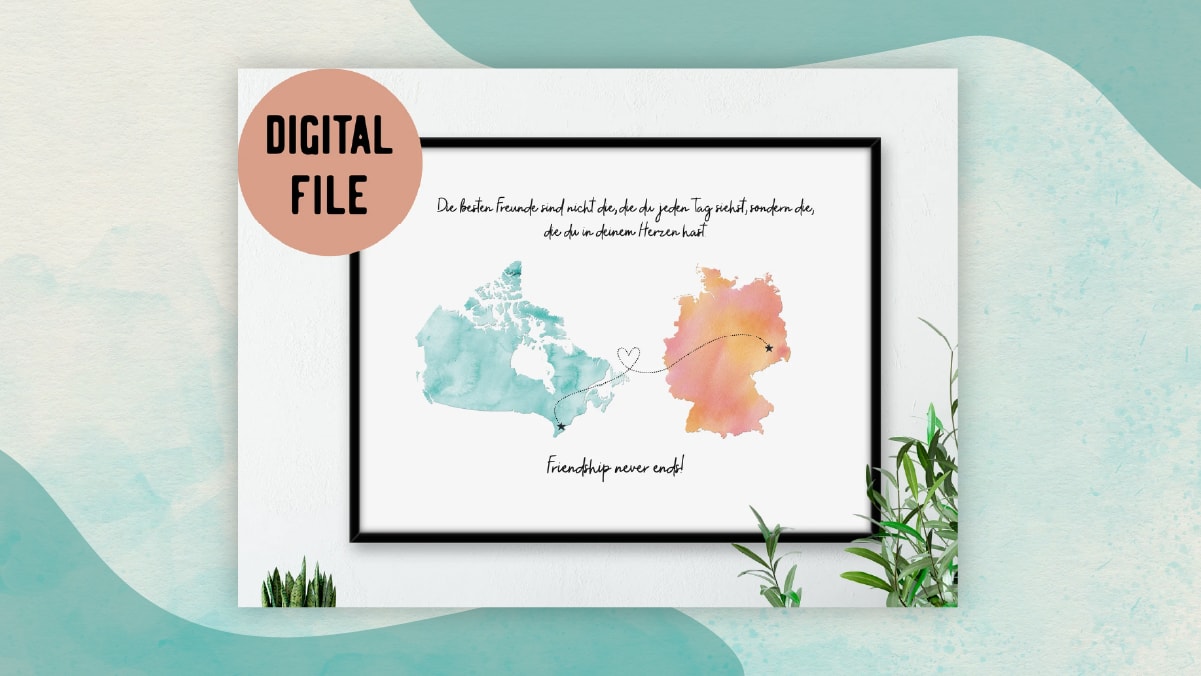 A map of two countries on a white background with some text on the top and below it with two location pinned and connecting each other with a heart shaped line on a white background as one the best gifts for long distance relationships. 