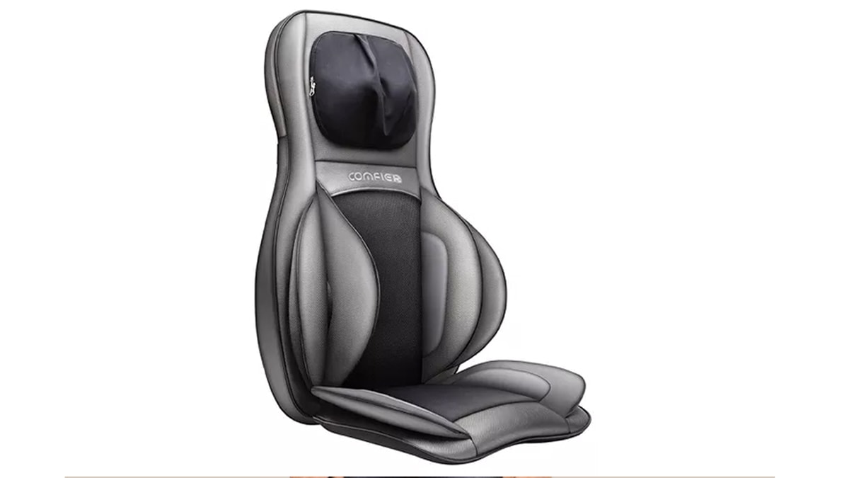 A black colored back massager seat in a white background. 