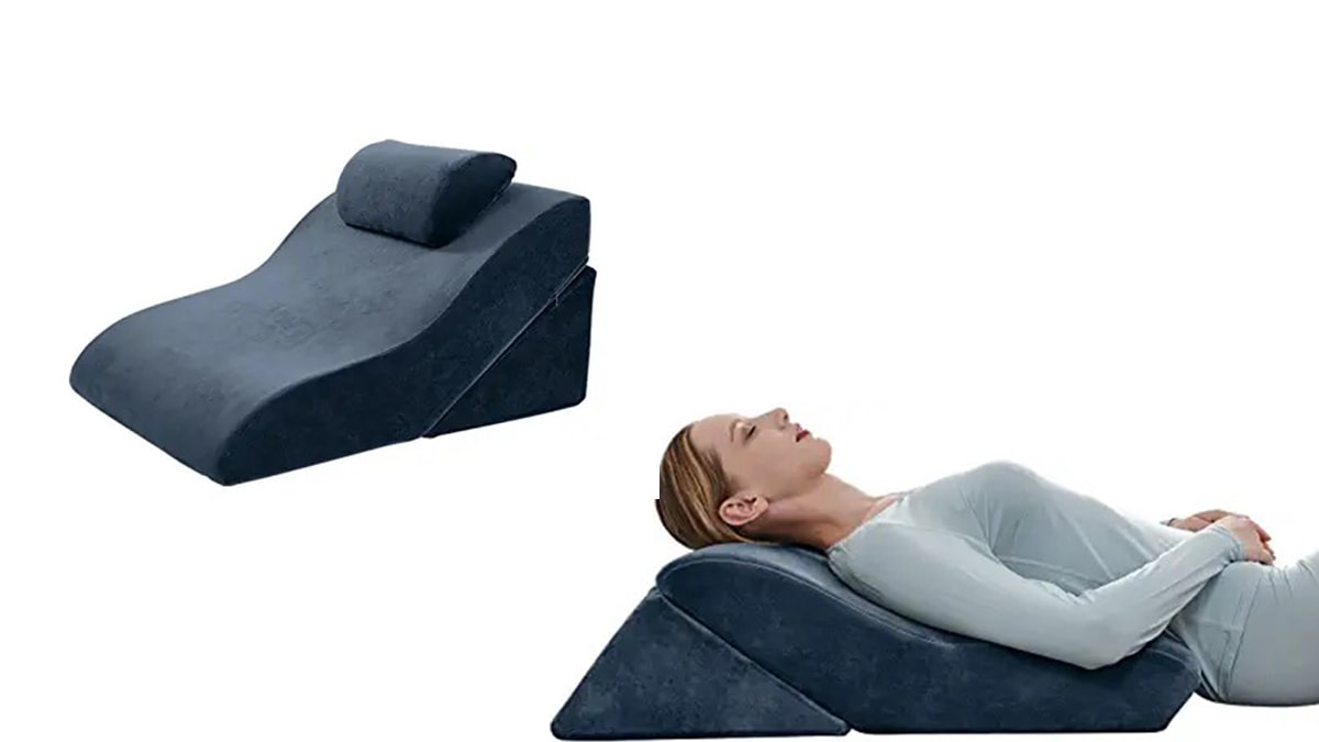 A reclining pillow in the left and a women resting on it in the right in a white background as mother's day gift idea. 