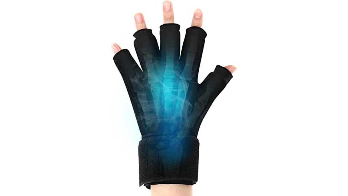A hand wearing a black colored ice glove in a white background. 