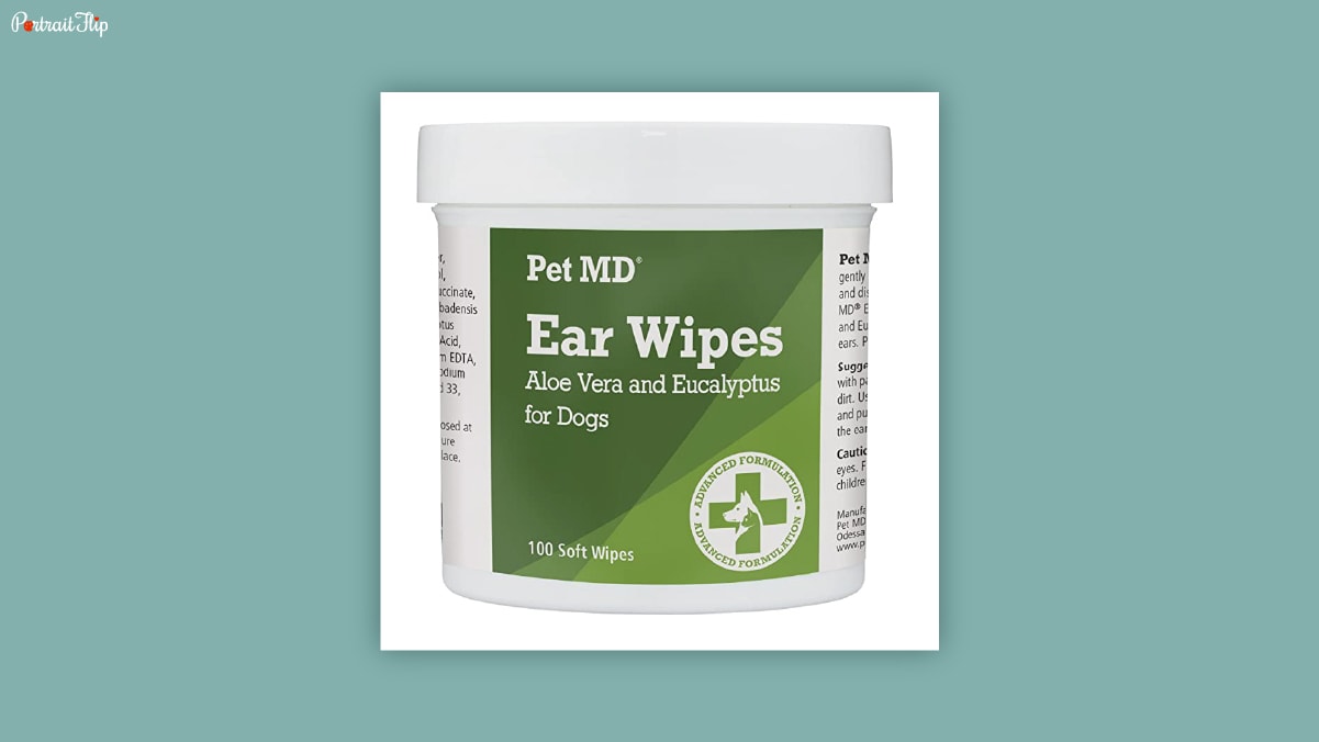 A box of Pet MD ear wipes for dogs in a white background as dog birthday gifts. 