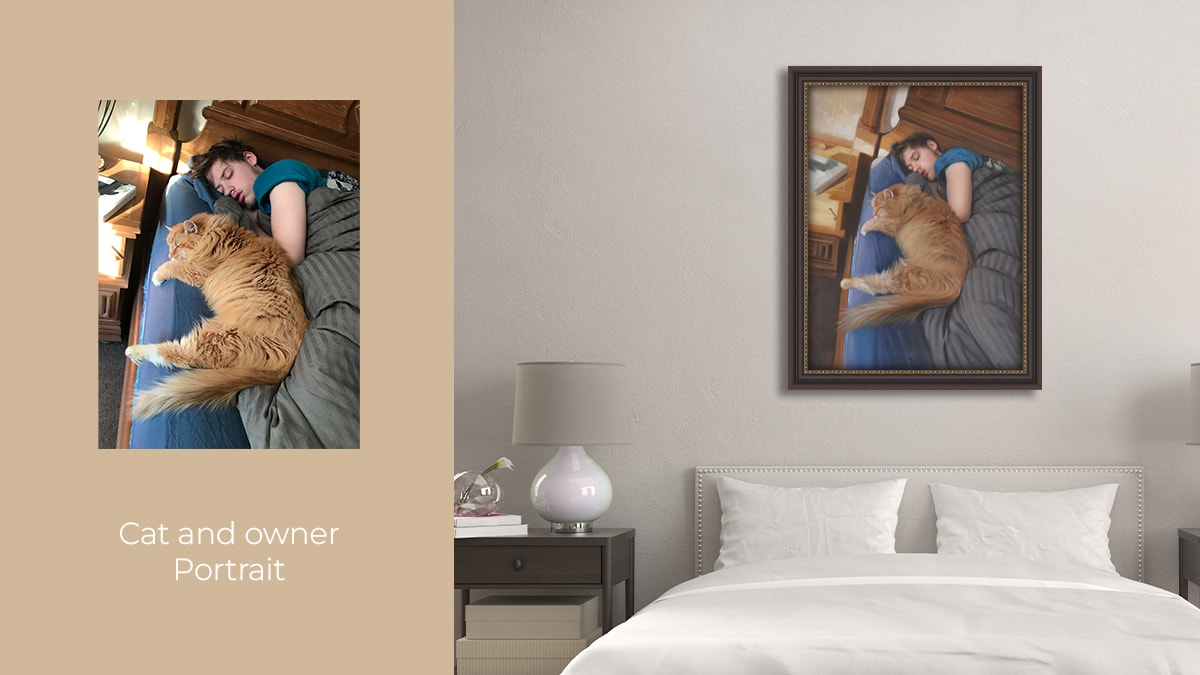Cat and owner portrait in a bedroom with its original photo on the left. 