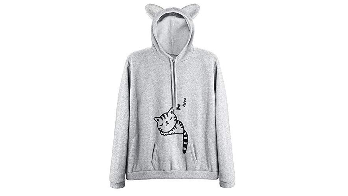 A grey colored hoodie with cat ears in a white background. 