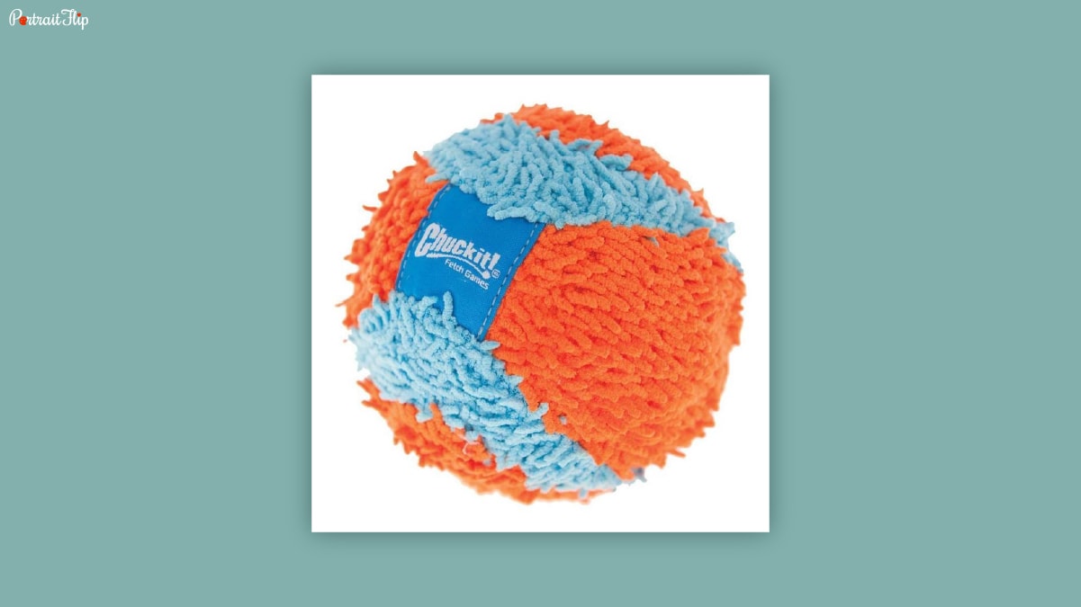 An orange and blue colored plush ball kept in a white background as dog birthday gifts. 