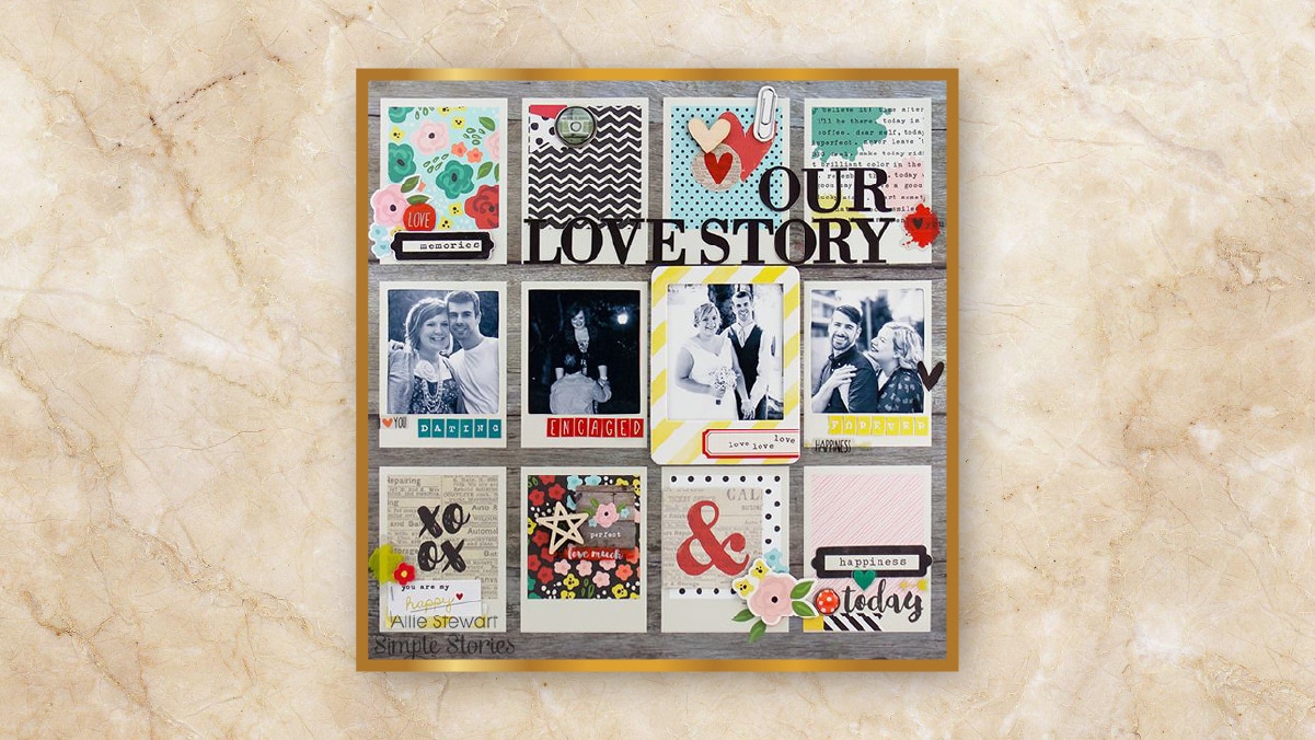 A scrapbook cover with a 12 couple photos on it with OUR LOVE STORY written on it kept as personalized wedding gifts. 