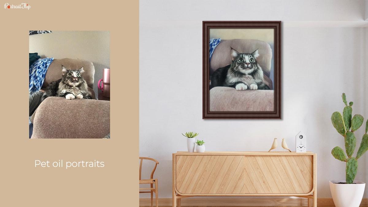 A cat oil portrait in a room with it's original photo on the left. 