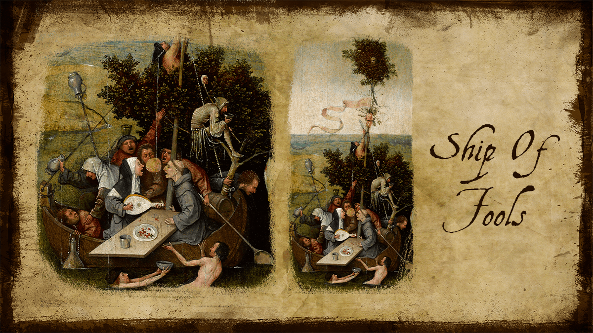 Portrait of one of the famous paintings by Hieronymus Bosch, "Ship of Fools"