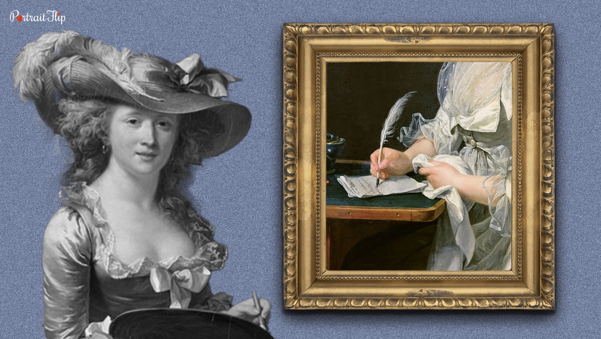 Adelaide labille-guiard was a famous French artist who is standing next to her artwork. 