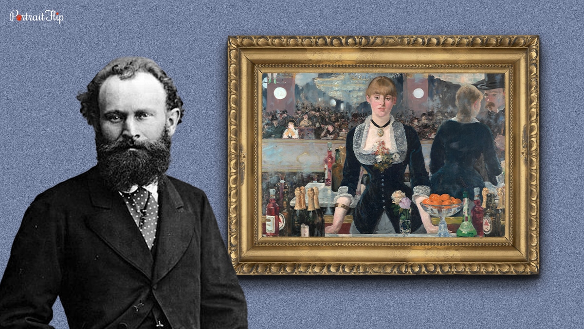 Famous french artist Edouard Manet standing next to his painting.