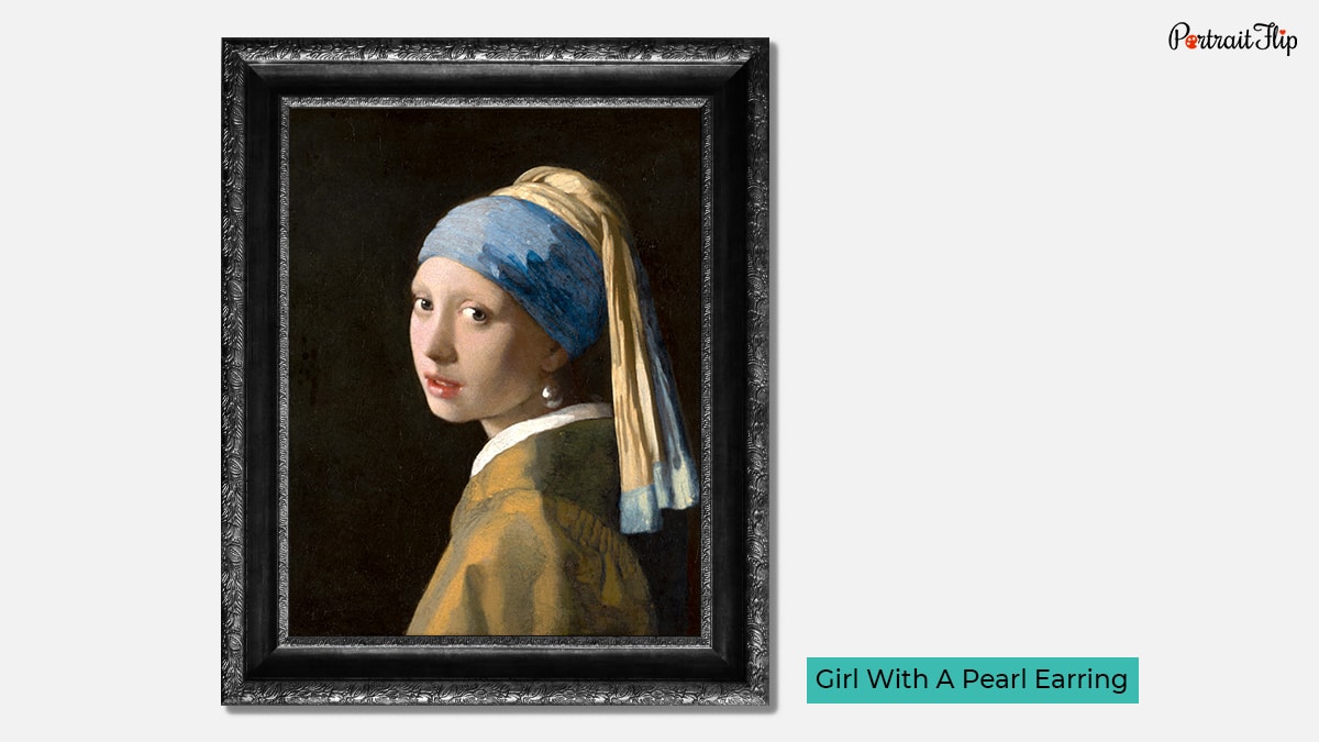 A girl wearing a blue and yellow scarf and a silver pearl earring looking toward her slight left in pitch black background as famous Johannes vermeer's paintings 