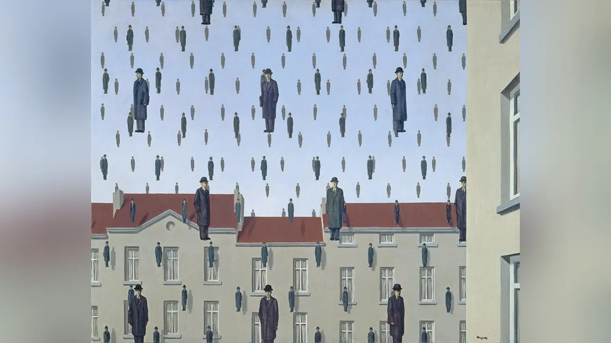 Portrait of one of the famous painting "Golconda" by René Magritte.