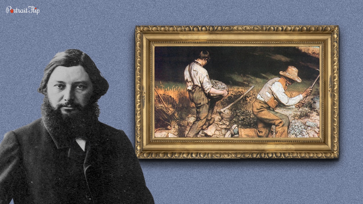 Gustave Courbet was a French painter who is standing next to one of his painting. 