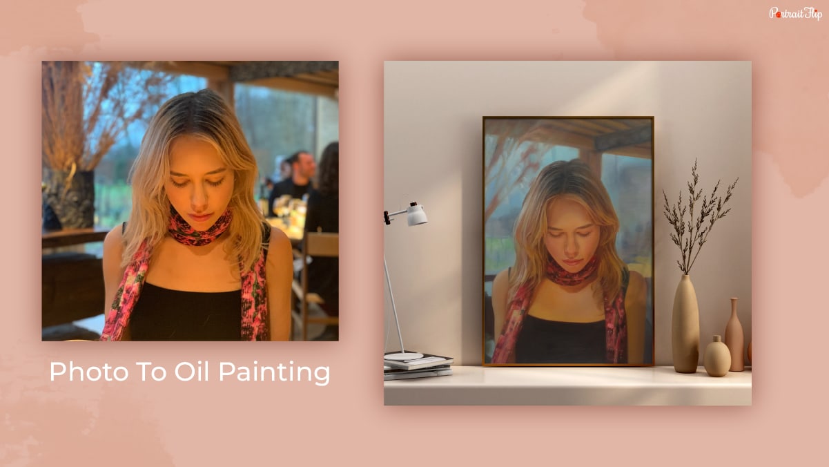 A woman photo created into oil paintings is made by Portrait Flip.