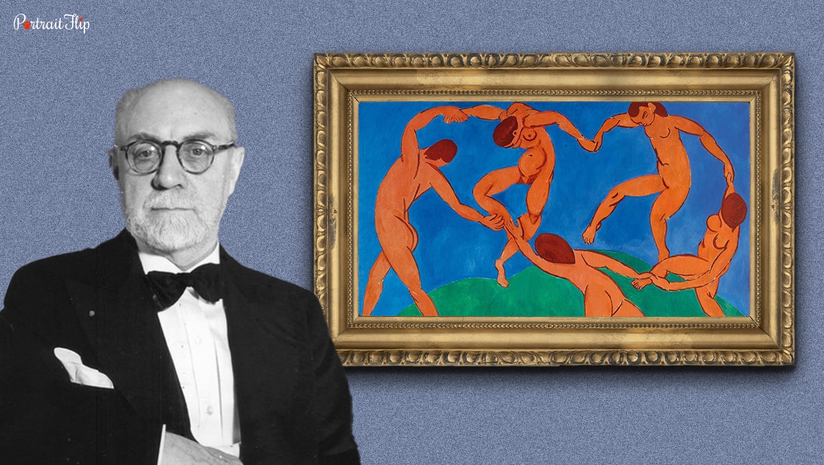 Henri Matisse is standing Infront of his painting, he was a famous french painter.