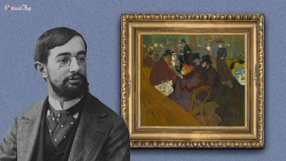 A famous French artist Henri de Toulouse Lautrec standing next to his painting