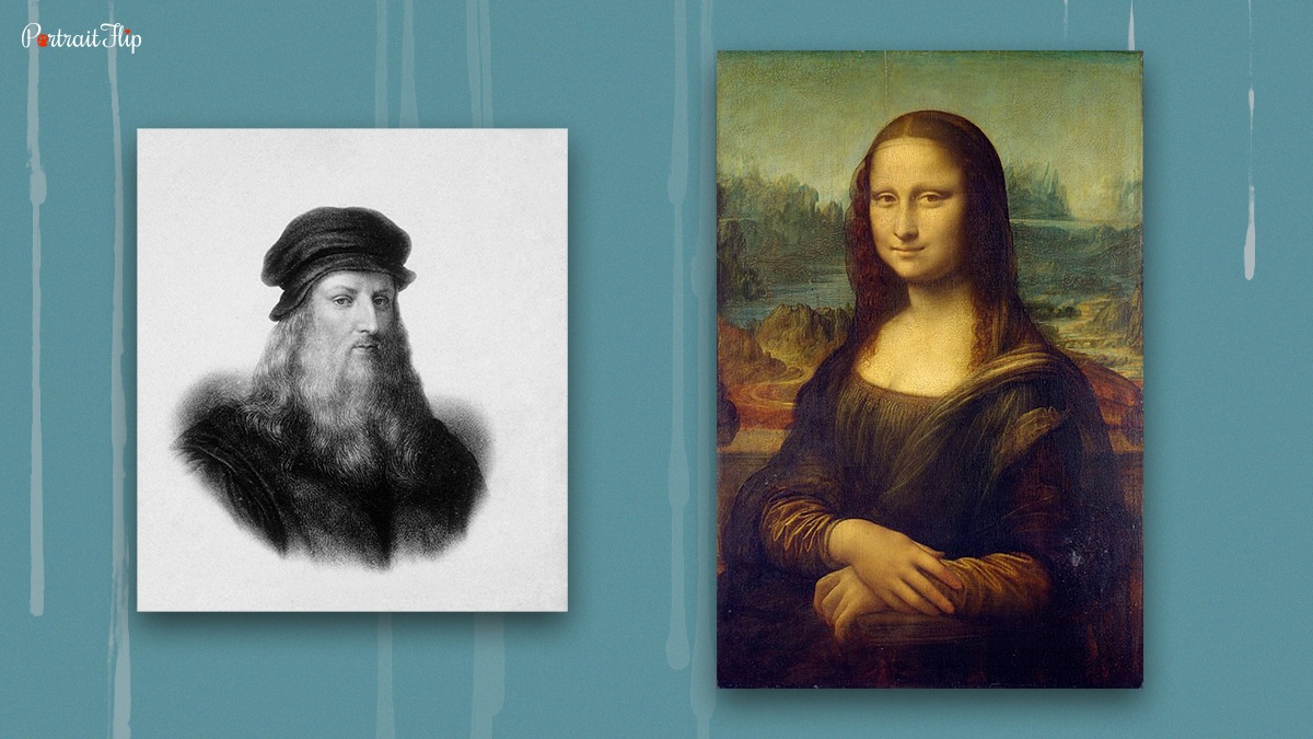 Famous Italian painter Leonardo Da Vinci with his famous painting Mona Lisa.  