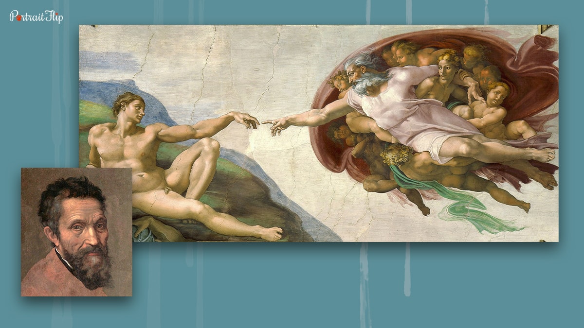 Italian artist Michelangelo with his painting Creation of Adam. 