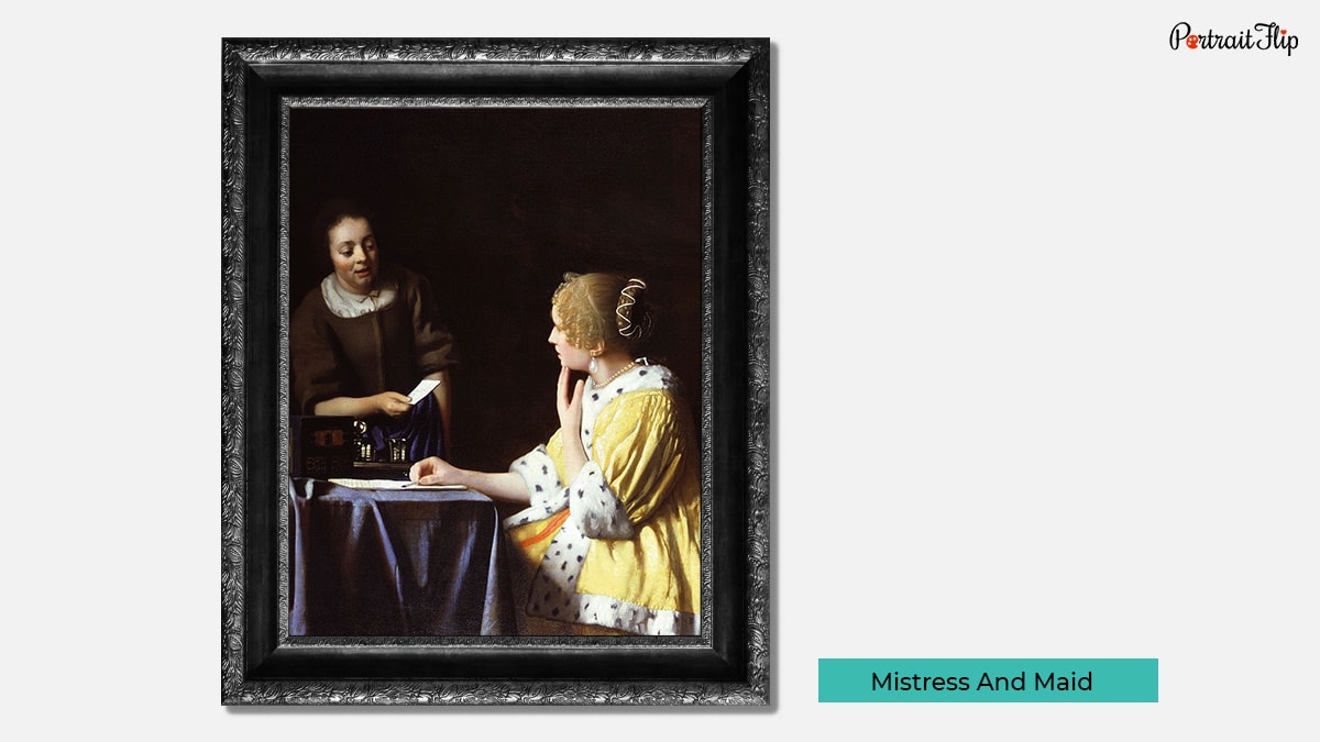 A women in black dress giving a letter to a women in yellow dress sitting on the table with her left hand on her chin in a black background as Johannes Vermeer's paintings. 