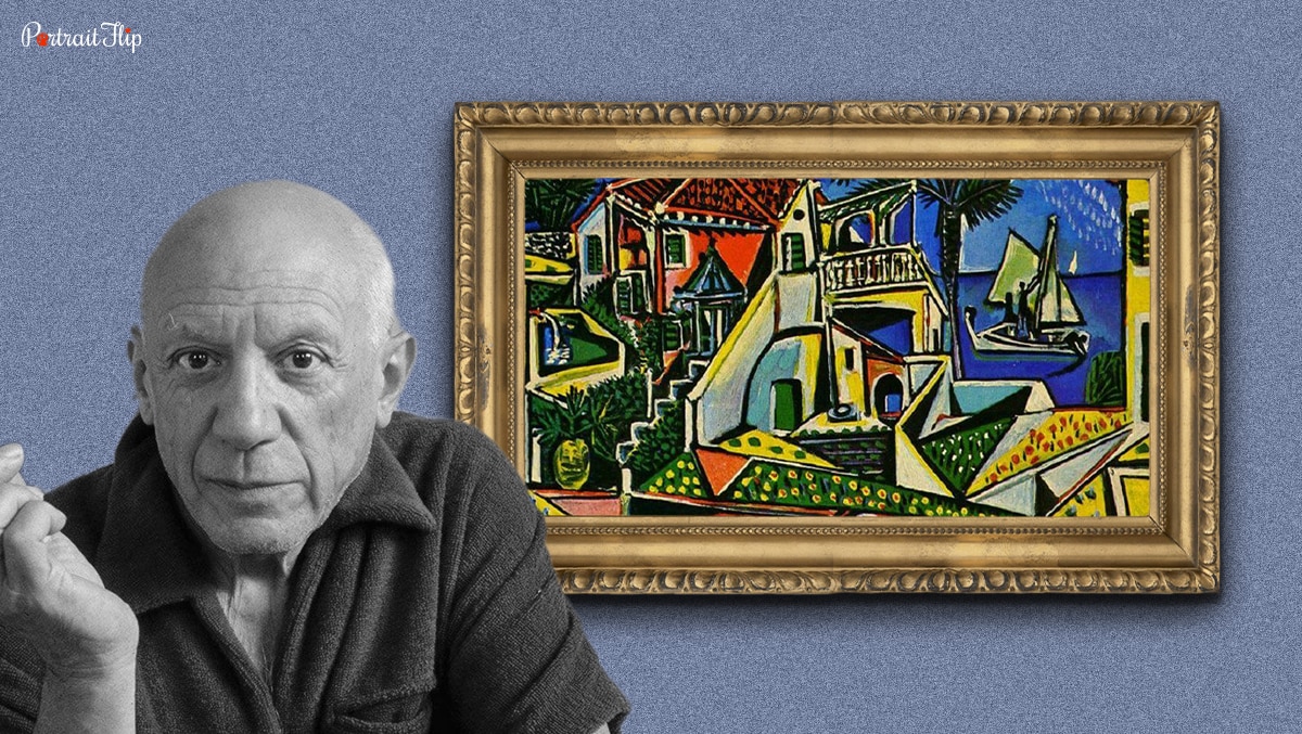 Pablo Picasso, who was a famous painter, standing next to his artwork. 