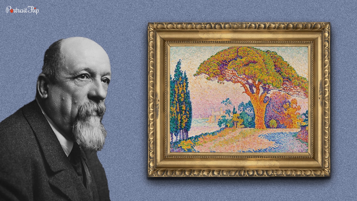 Paul Signac, a famous french artist who is standing next to his painting.