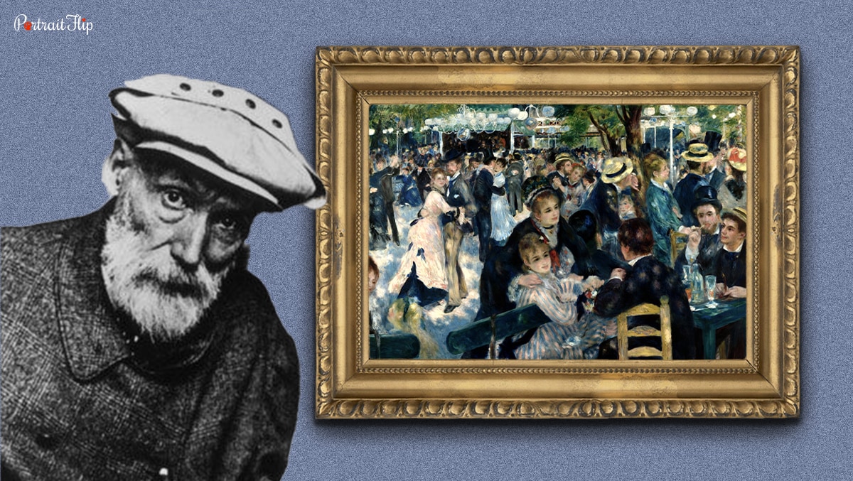 Pierre-Auguste Renoir was a famous french artist who is standing in front of his painting. 