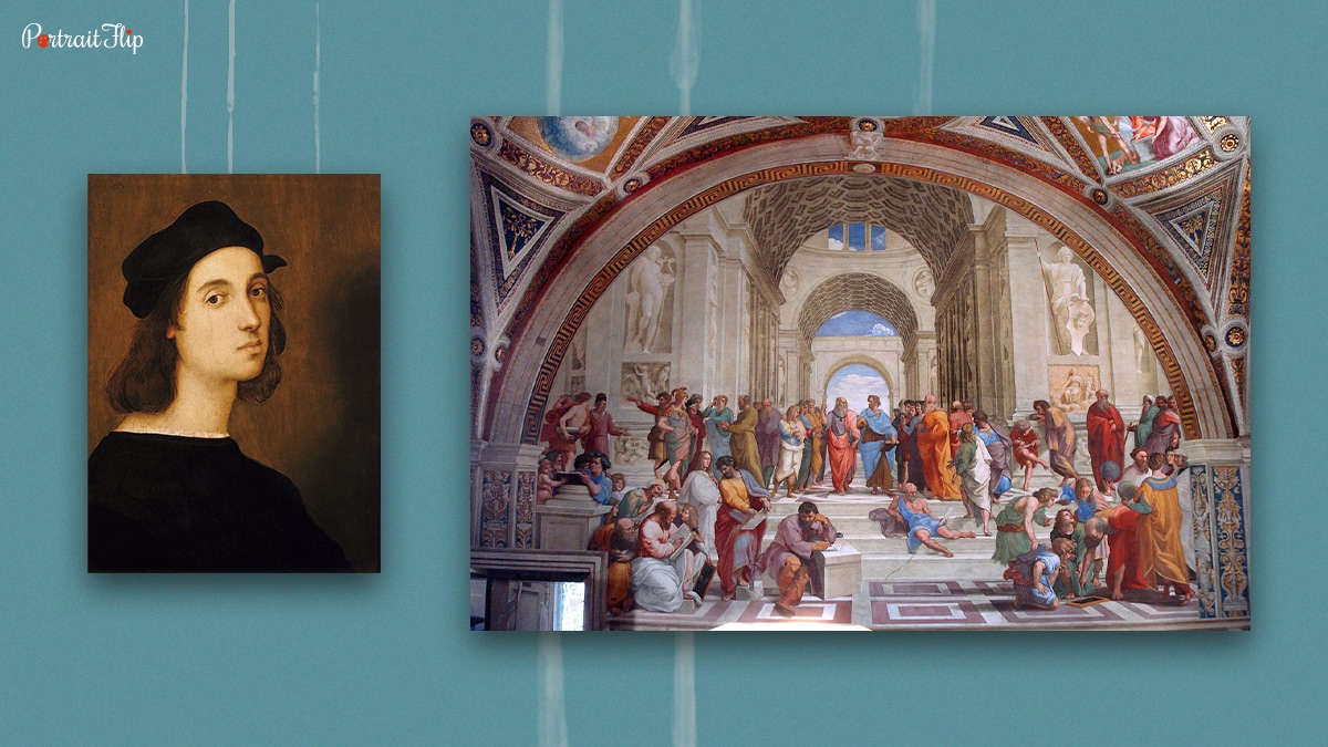 Famous Italian artist Raphael with his painting The School of Athens. 
