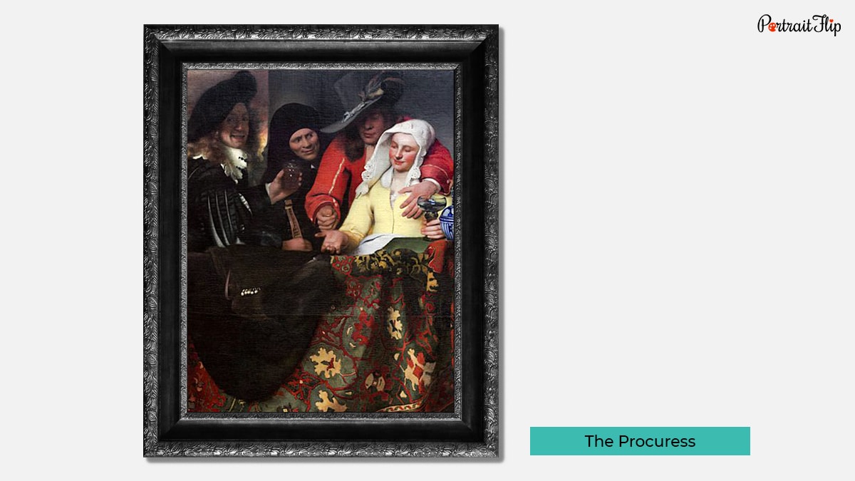 A woman wearing a yellow dress groped by a man in red dress and black hat accompanied by Johannes Vermeer in black dress and The Procuress in black robe with evil expressions as famous Johannes Vermeer's paintings. 