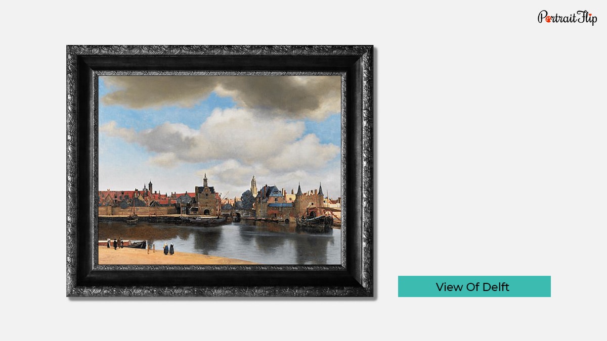A water body with a few people standing on it's shore and buildings in the background with a few cloud in the sky as Johannes Vermeer's paintings. 