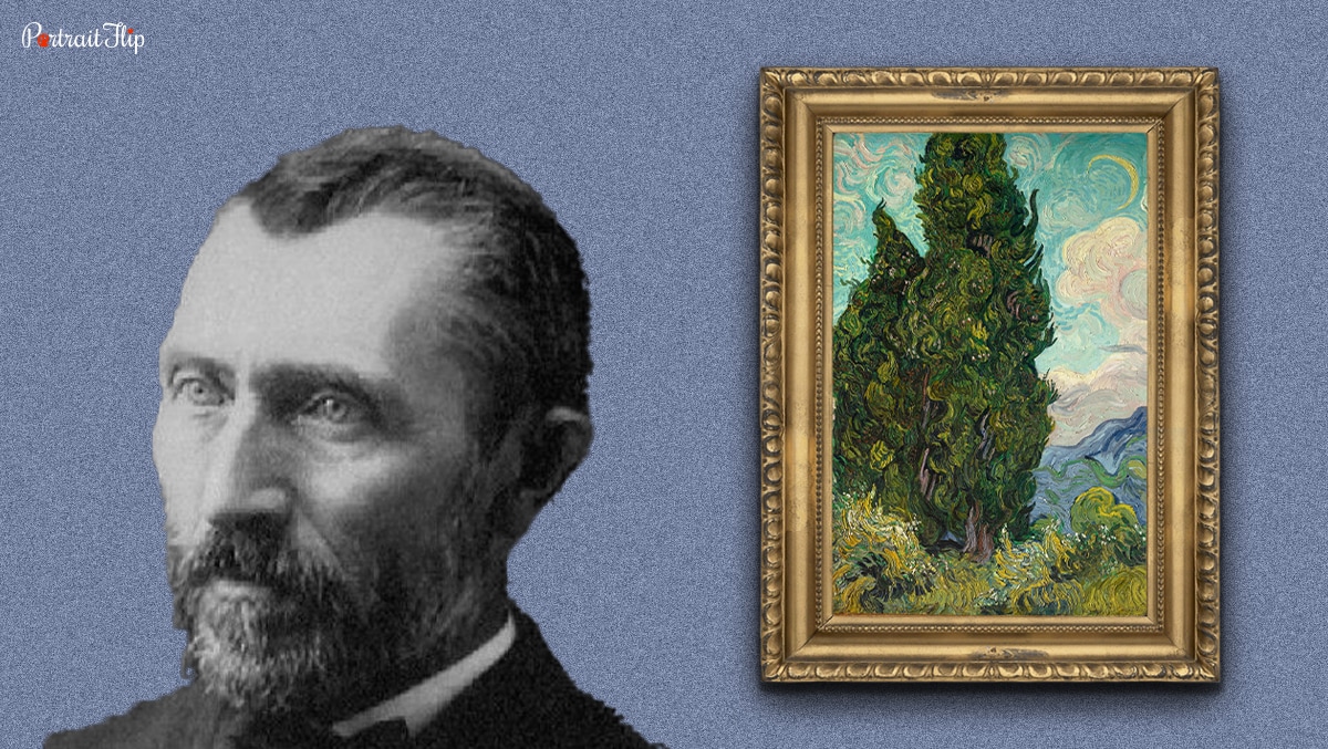 The famous Dutch painter Vincent Van Gogh is standing next to his painting. 
