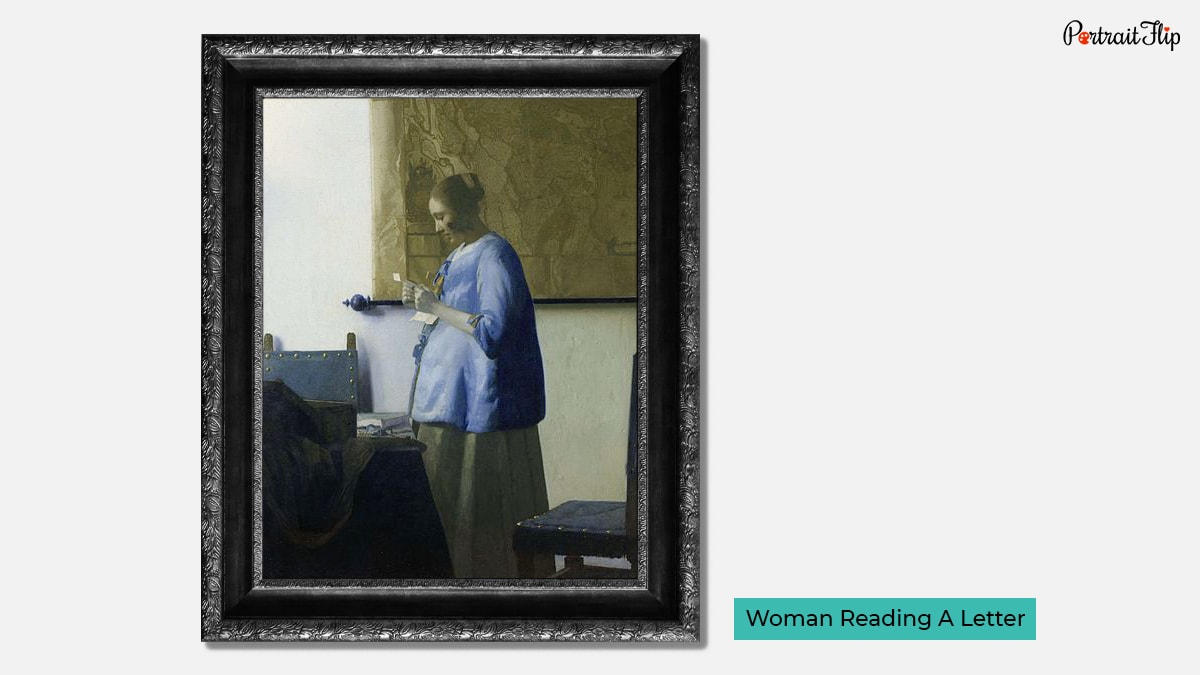 A women reading a letter  wearing a blue gown with a map behind her and chair  beside her as famous Johannes Vermeer's Paintings. 