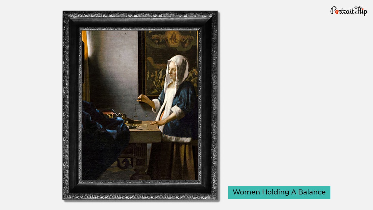 A women holding a balance wearing a white scarf while standing in front of the window with a painting on the wall behind her as Johannes Vermeer's paintings. 