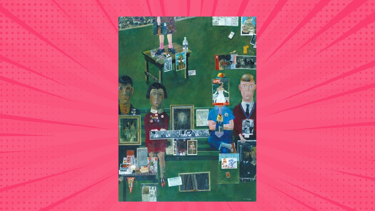 one of the famous pop art paintings called on the balcony by a famous pop artist known as peter blake.