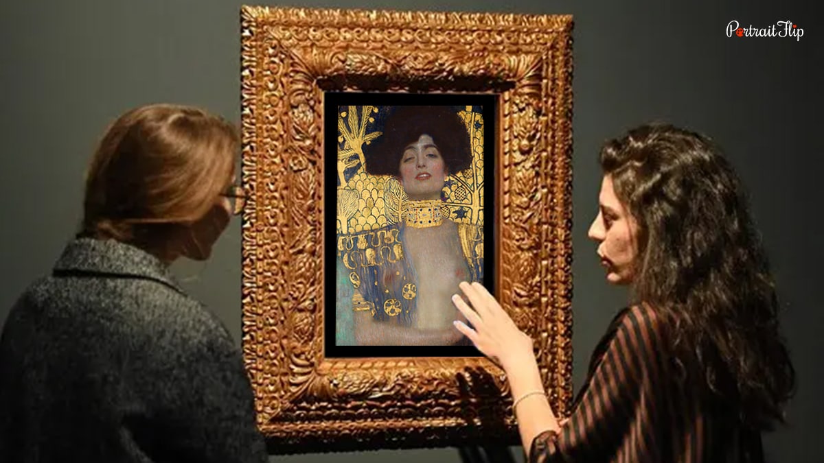 People looking at the portrait of Judith by Klimt. 