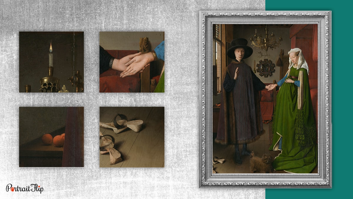 The Arnolfini portrait with four focus points: A candle, holding hands. shoes and oranges.