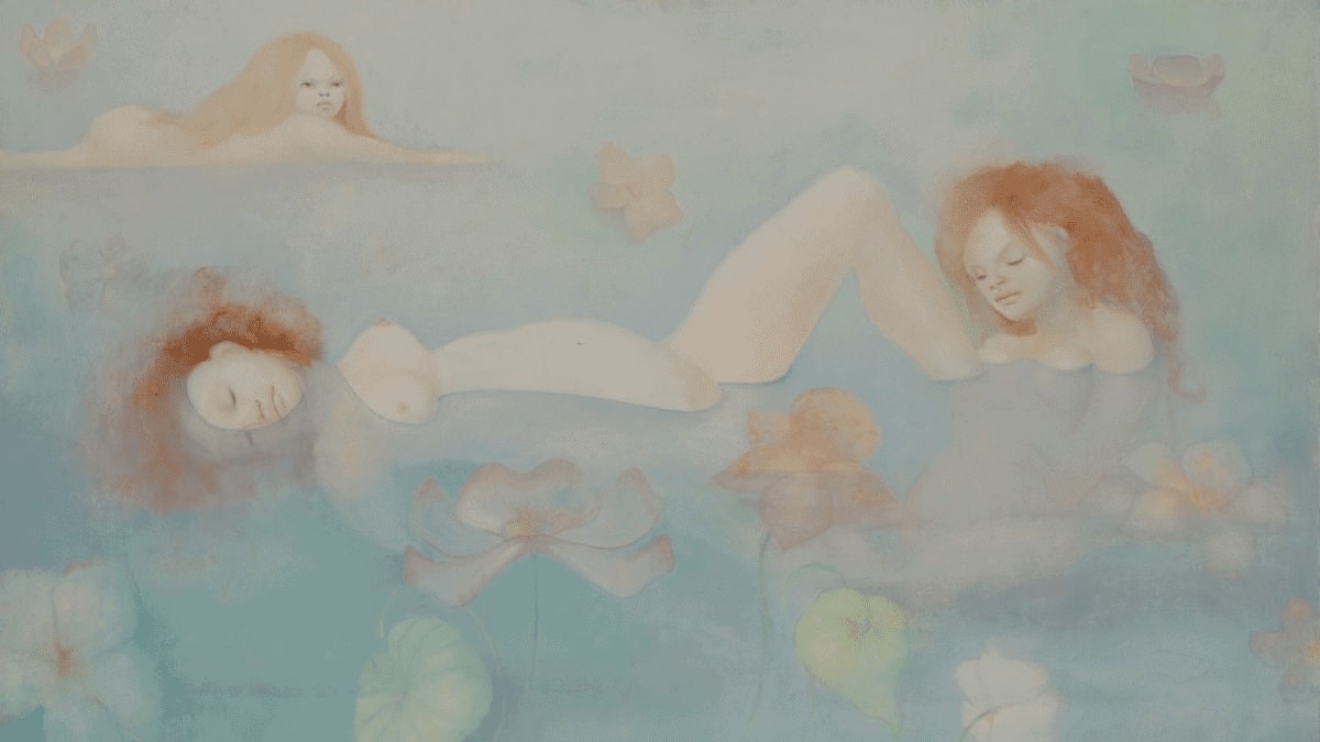 Les Baigneuses (The Bathers) by Leonor Fini. 
A painting depicting women bathing themselves in water body.  