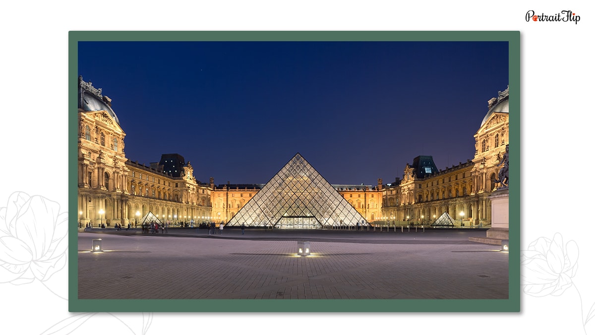 a long shot of Louvre Museum