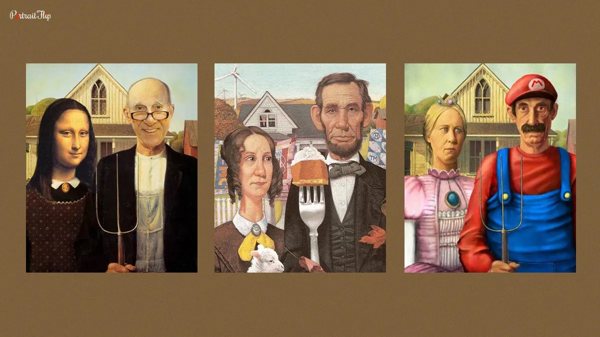 Various parodies of the American Gothic painting. 