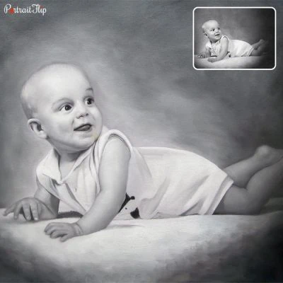 A black and white vintage portraits of a baby