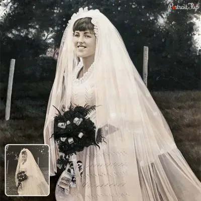 An old photo of a bride that is converted into a oil vintage portraits