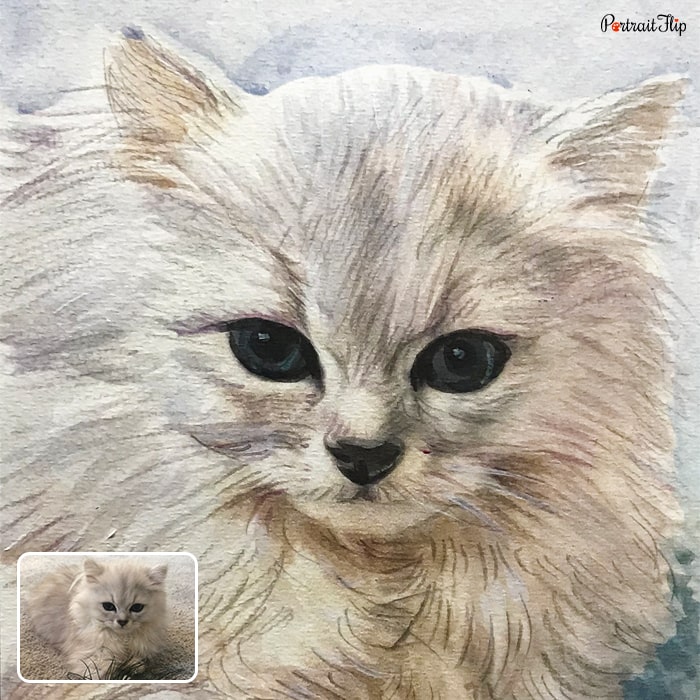 Close-up shot of a cat’s face which is converted into watercolor cat portraits