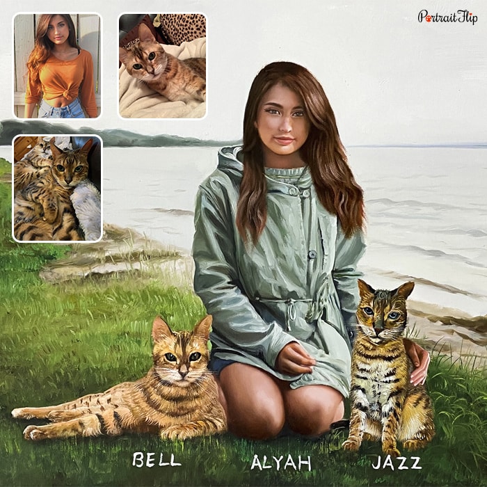 Compilation of Cat Portraits, where a woman is placed in between two cats who are sitting near a lake