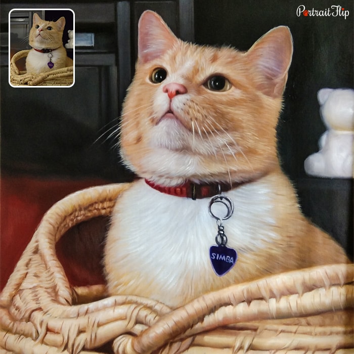 Oil cat portraits of a cat who is sitting in a wooden basket with a neck collars that has a name Simba on it