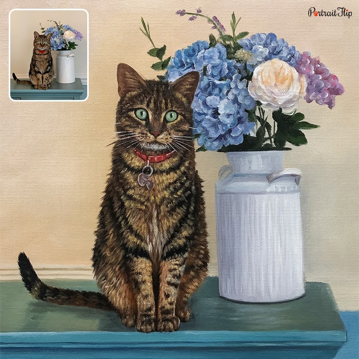 Picture of a cat sitting on a table near a flower vase which is converted into oil cat portraits