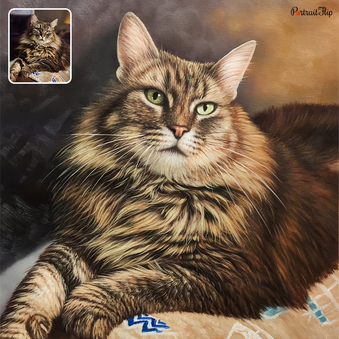Picture of a cat in a sitting posture which is converted into oil cat portraits