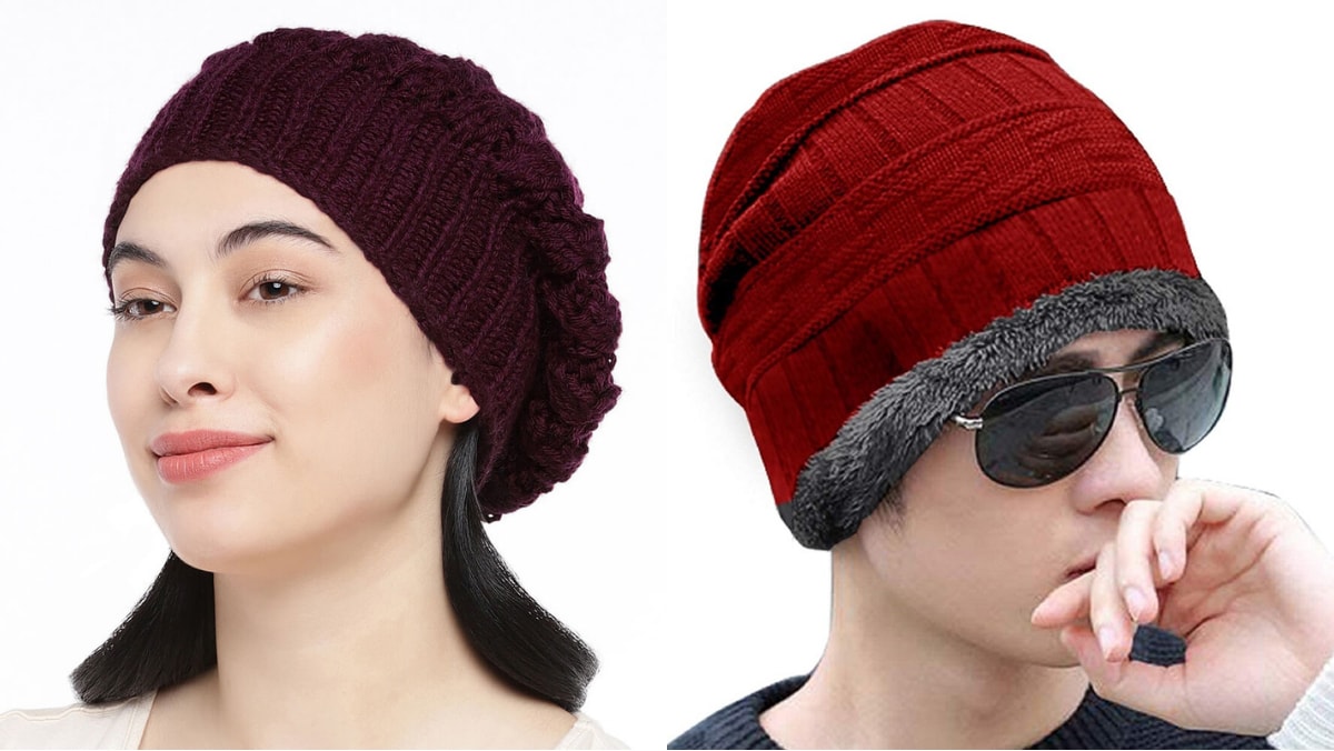 A guy and a girl in red and brown beanies.