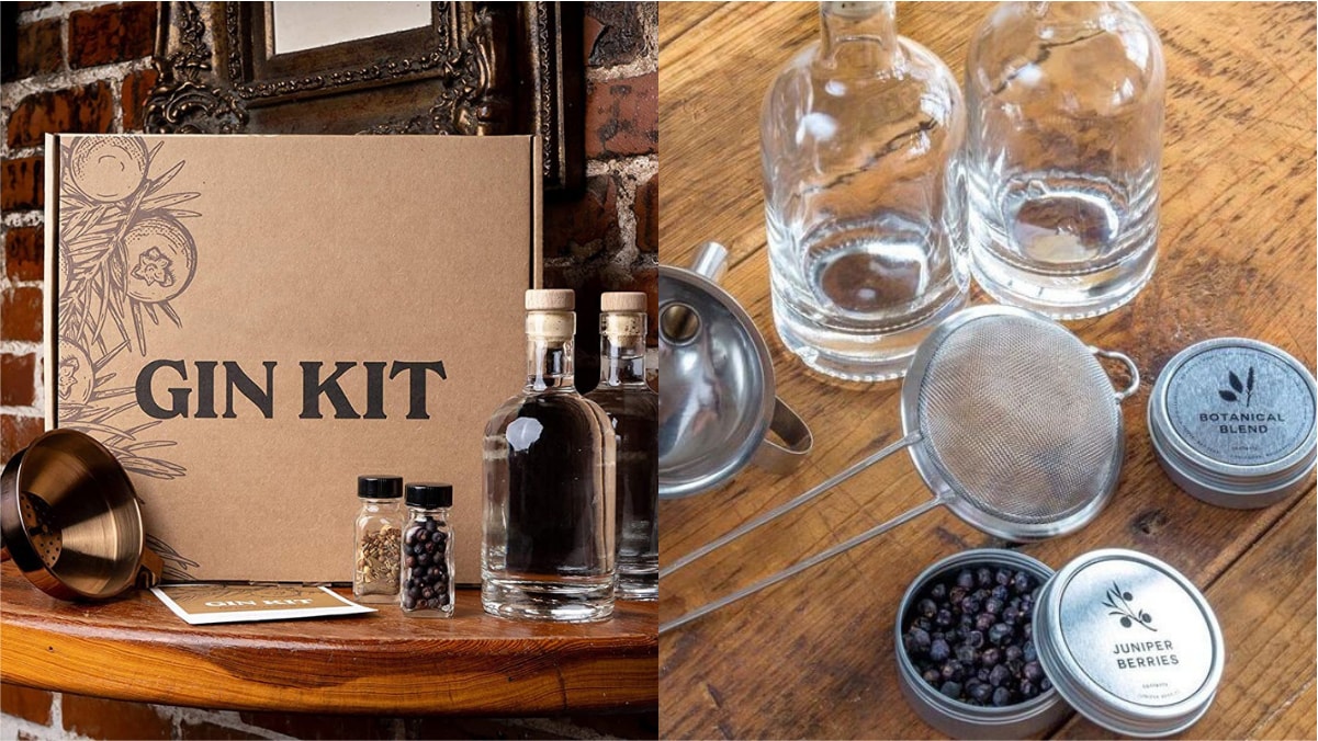 A branded gin kit is placed on the wooden surface.