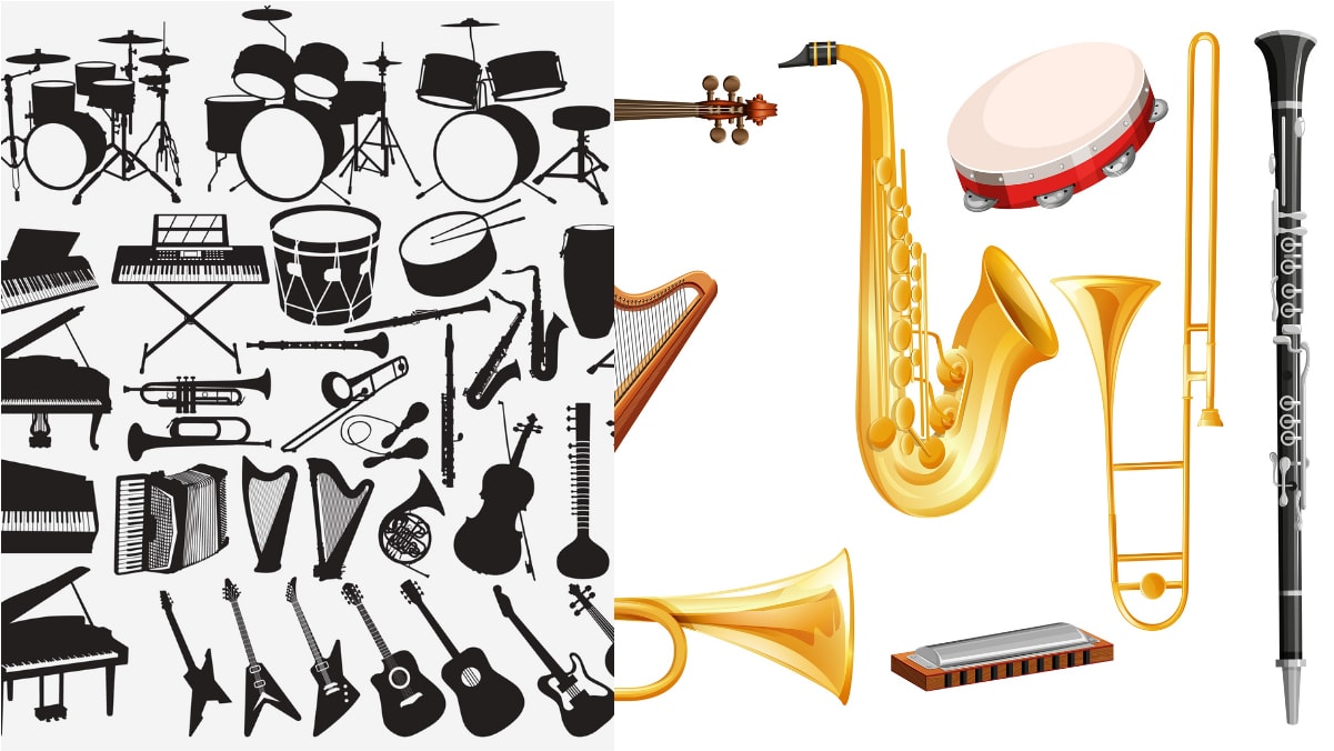 A list of musical instruments in one frame. 