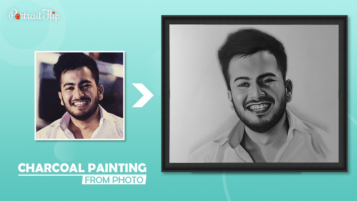 A color photo of a boy is transformed into a splendid charcoal painting by Portraitflip. 